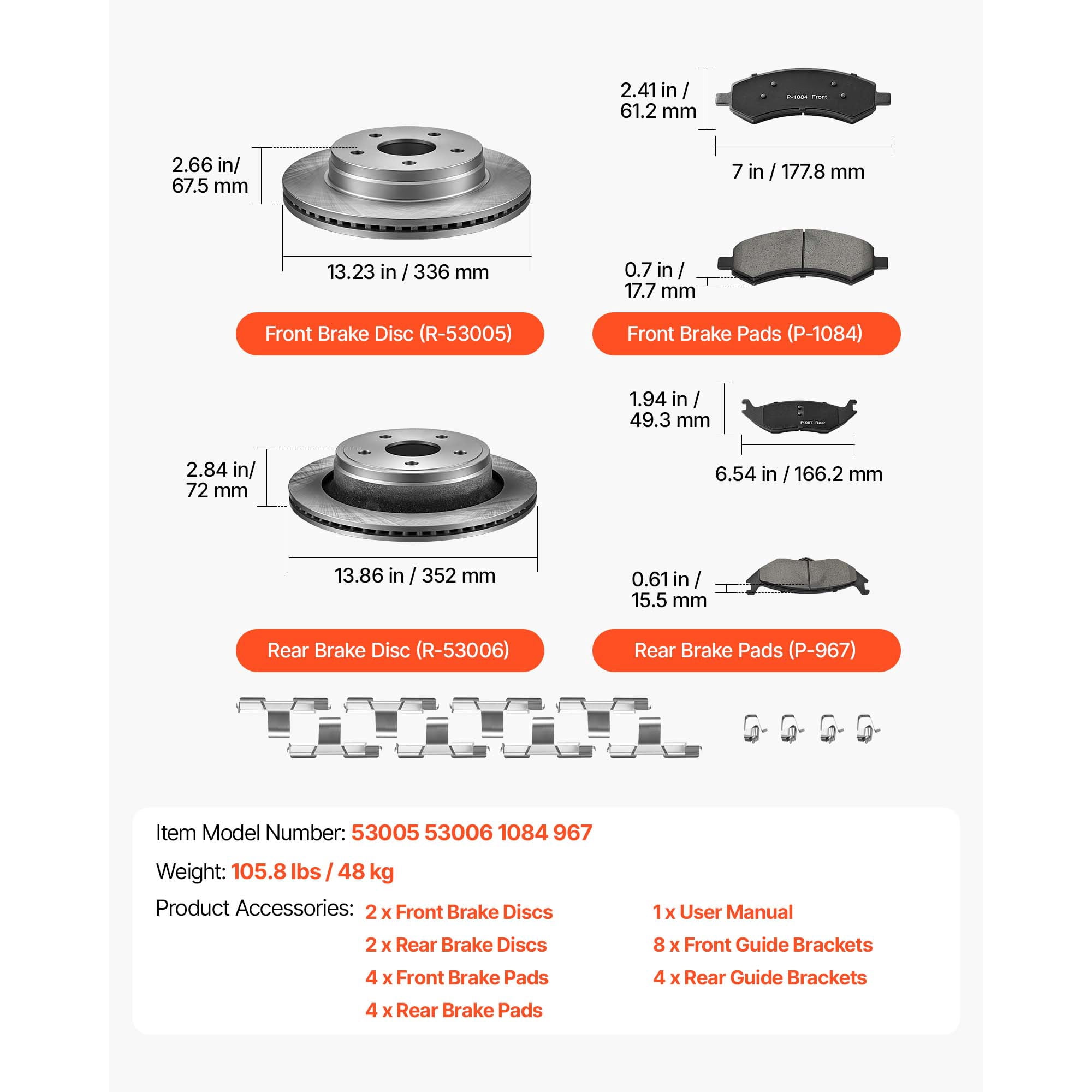 KFFKFF Front and Rear Brake Kit with Ceramic Brake Pads and Ventilated Rotors, Compatible with 2007-2009 Dodge Durango, Chrysler Aspen, 2011-2018 Ram 1500 (5-Lug), and 2019-2023 Ram 1500 Classic