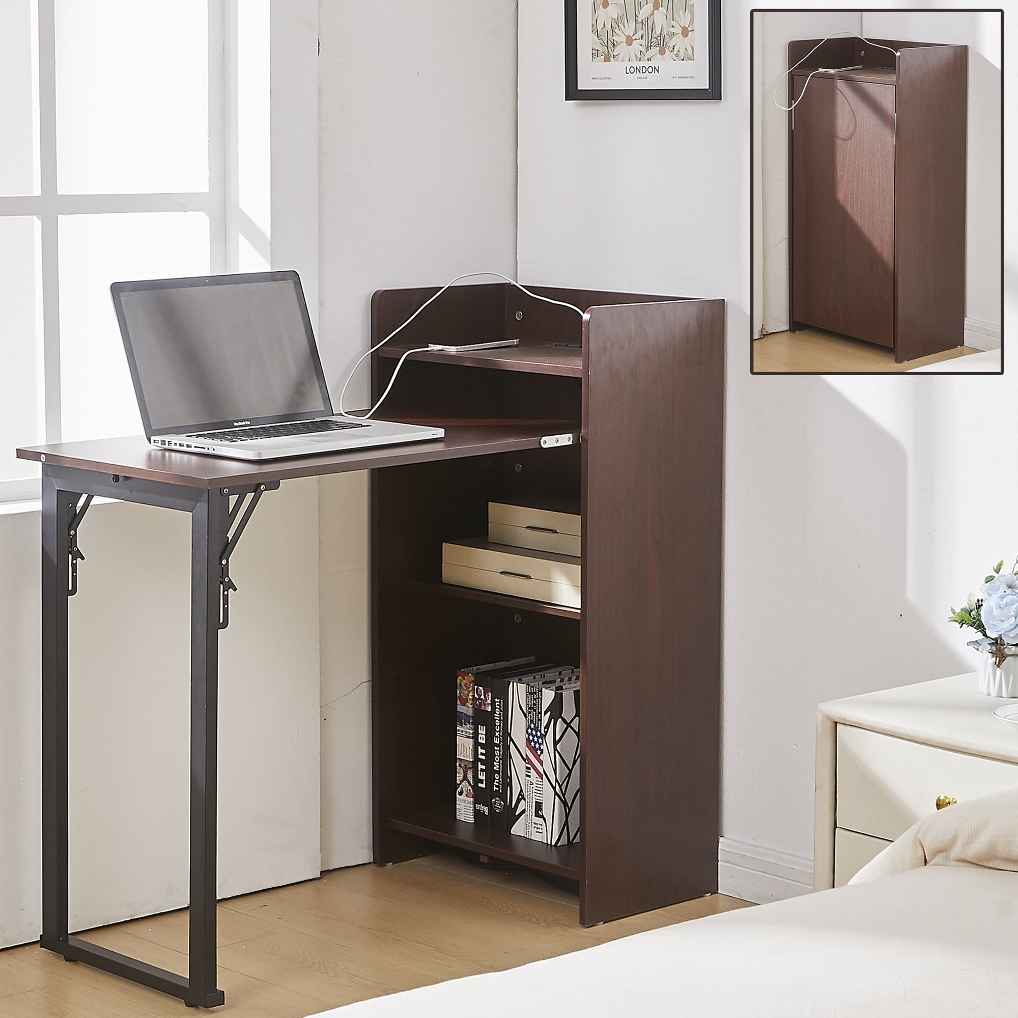Haooyeah 37" Foldable Storage Desk with Charging Station, Space-Saving Desk with Raised Surface, Multi-functional Desk for Home Office, Bedroom, and Small Spaces