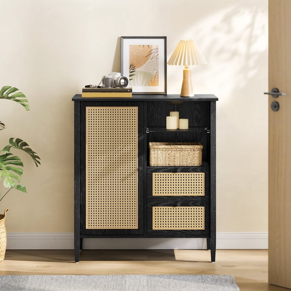 Modern Rattan Sideboard Buffet Cabinet, Boho Kitchen Buffet Table Console Cabinets with with DrawersStorage Cabinet with Adjustable Shelves, Black