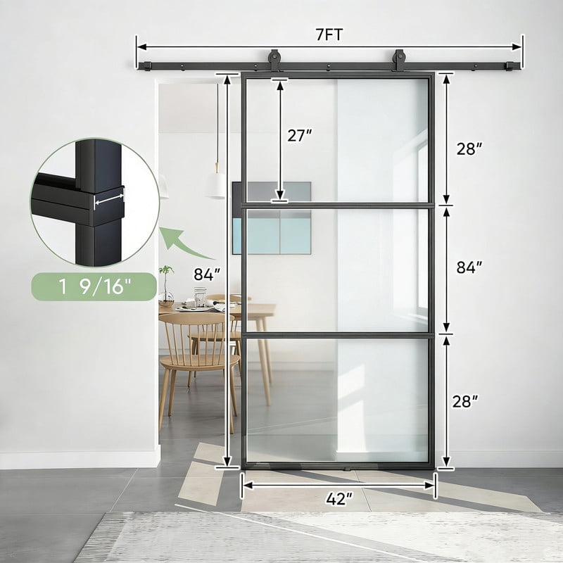 Easy4Home 42"x84" Clear Glass Sliding Barn Door with Track and Hardware Kit