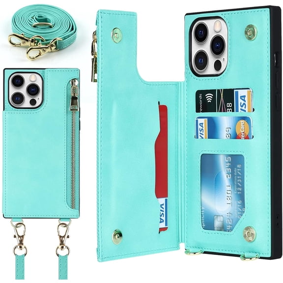 Crossbody Wallet Case for iPhone 12 Pro Max with Card Slot Holder,iPhone 12 Pro Max Magnetic Flip Folio Purse Case, PU Leather Zipper Handbag with Detachable Lanyard Strap 6.7 Inch (Mint Green)