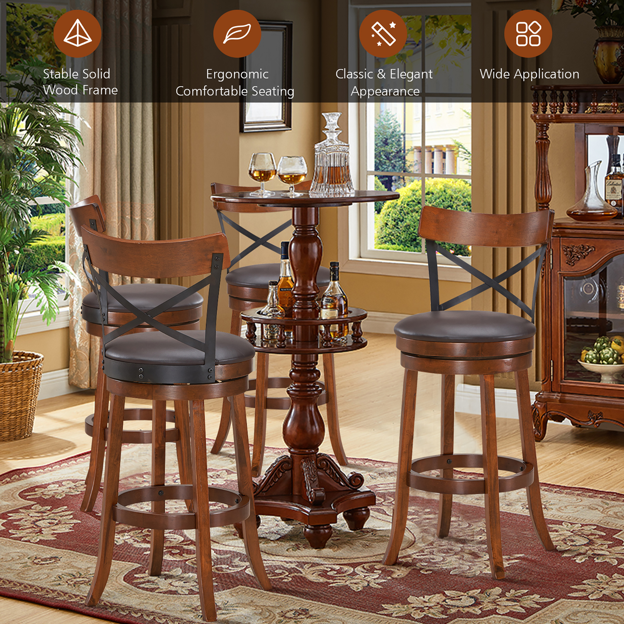 Costway Set of 4 Bar Stools Swivel 29.5'' Dining Bar Chairs with Rubber Wood Legs