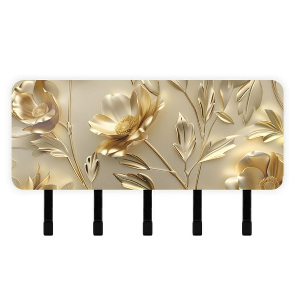 Gold Flowers and Leaves Mail Holder Organizer Wall Mount with Shelf Key Holder Key Rack with 5 Key Hooks for Wall Decorative