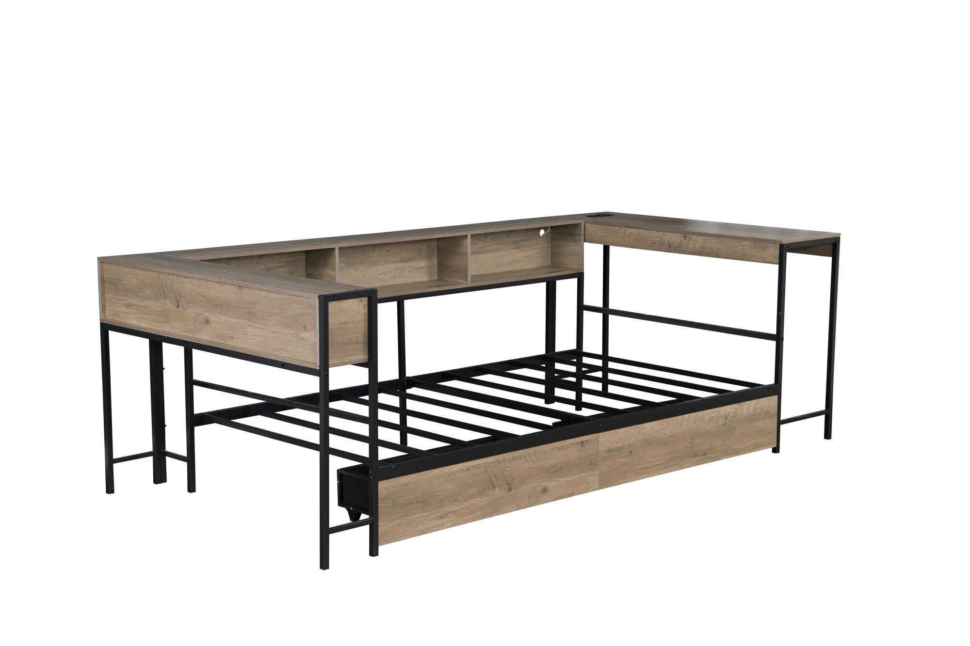 AENKYO Twin Size Corner Daybed with Desk & Bookcase, Bed Frame with LED Lights, Charging Station, Drawers, Gray