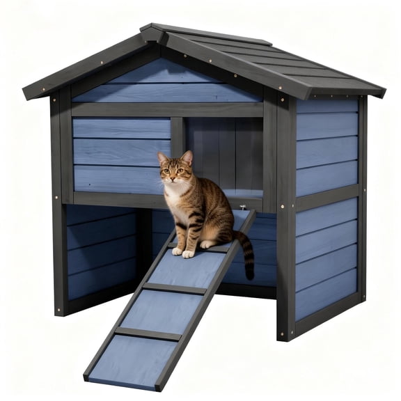 Insulate Cat House with Escape Doors,Outdoor Cat Shelter for Winter,All Weather 2 Story Cat House for Multiple Cat with Openable Roof,Blue