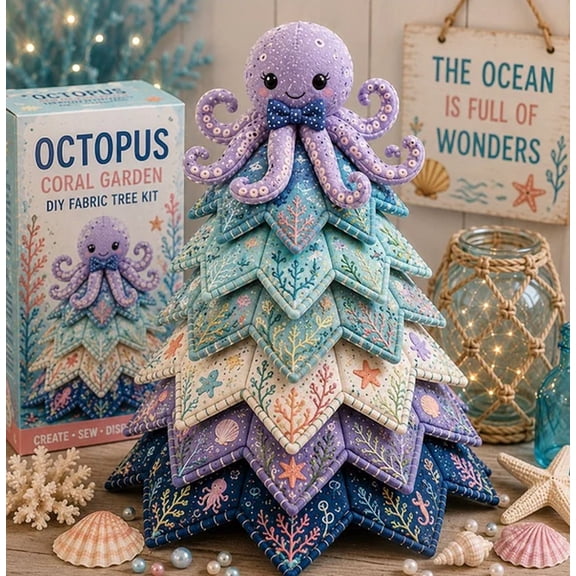 Ocean Friends DIY Patchwork Christmas Tree Kit, 3D Layered Marine Creature Hand Sewing Craft Set,Christmas Decorations