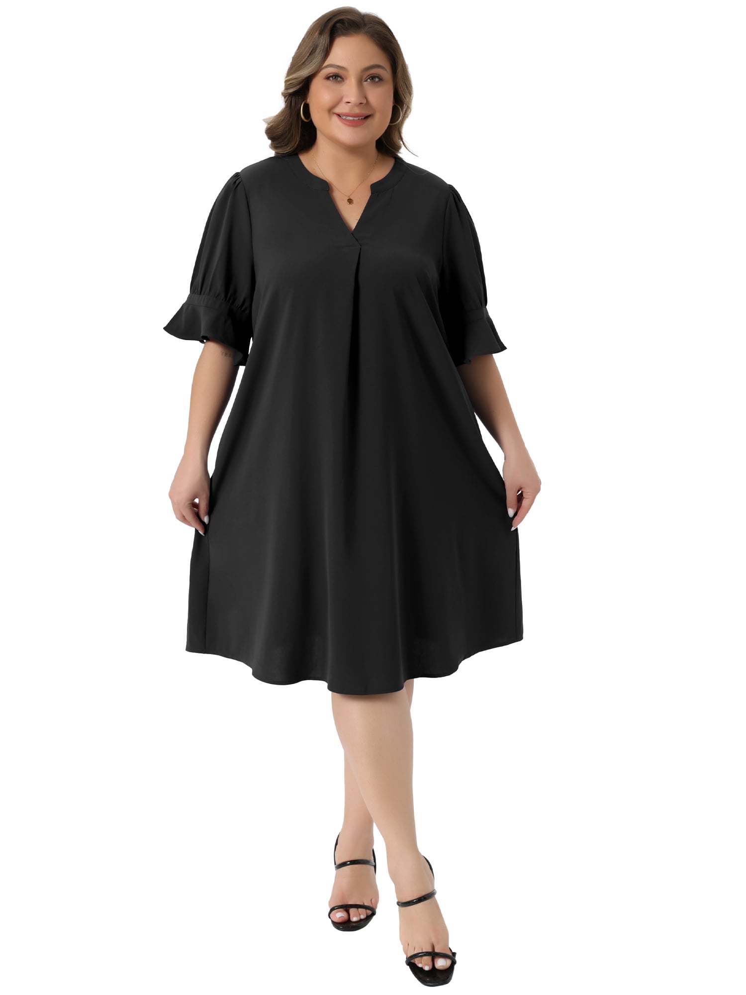 DARING DIVA Women's Plus Dresses Notch V Neck Bell Short Sleeve Casual Aline 1X Black