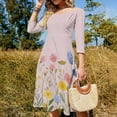 thumbnail image 4 of Pretty Pink Floral Meadow Blooms Women's 3/4 Sleeve Dresses Elegant A-Line Midi Dress Flare Summer Casual Sundress, 4 of 9