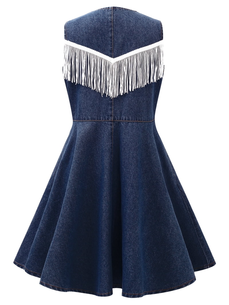 TiaoBug Children Western Cowgirl Dress Jeans Denim Fringe Tassels  Sleeveless Button Down Summer Dress Dark Blue 10 - Walmart.com
