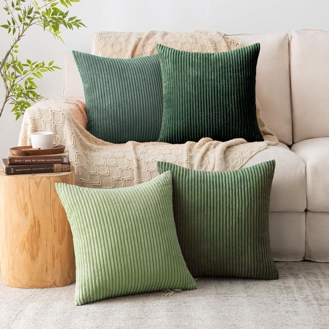 Juego de 4 Fundas para Cojín Cuadrado, Pana Suave - Estilo Boho Chic Rústico, Decoración Hogar para Sofá, Sala, Fácil de Limpiar (4, Verde Gradual)