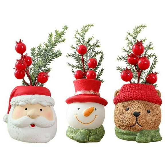 Santa Claus Christmas Tabletop Decor, Festive Holiday Decorative Planter Pot for Home Décor, Santa Head Design with Faux Berry and Pine Accents