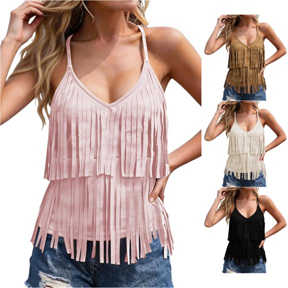 RUTAYY Women's Tank Tops Boho Fringe Tops Lightweight V-Neck Sleeveless Camisole Summer Casual Daily Wear Trendy Trip Vest