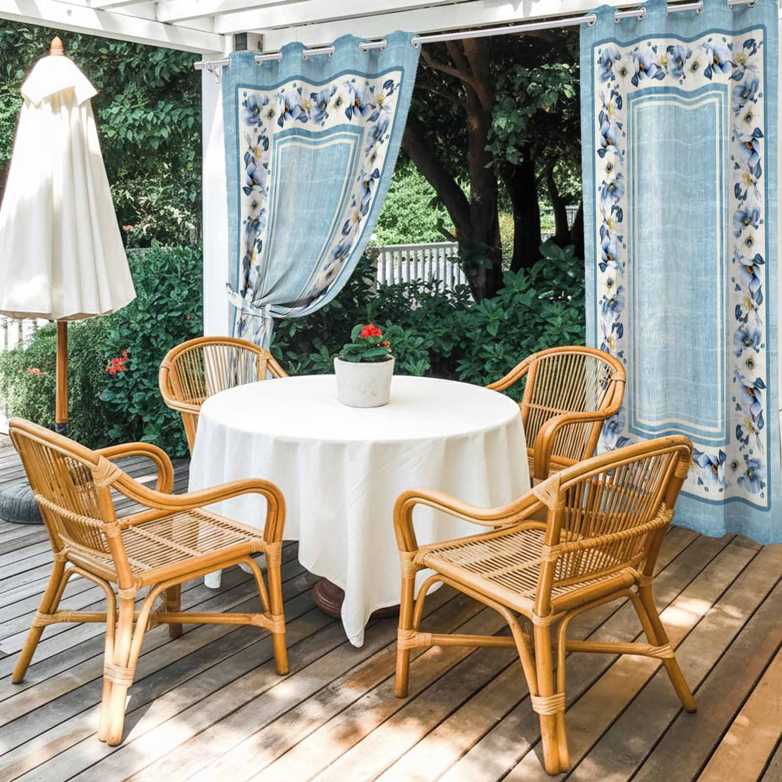Teal Blue Spring Floral Outdoor Curtains for Patio, Vintage Summer Botanical Classic Sunshade Privacy Drapes Grommet Waterproof Outside Curtains for Porch/Cabana/Balcony 54"x 84", 1 Panel