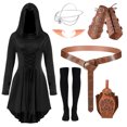 thumbnail image 2 of IROOZIGOTO Womens Medieval Renaissance Dress 7 Piece Costume Set Olive Green Hooded Long Sleeve Lace Up Asymmetric Hem with Faux Leather Accessories for Halloween Cosplay LARP Themed Party, 2 of 9