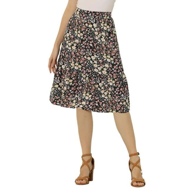 Falda Midi Fluida Con Cintura Elástica Y Volantes Con Estampado Floral Para Mujer Negro Floral S