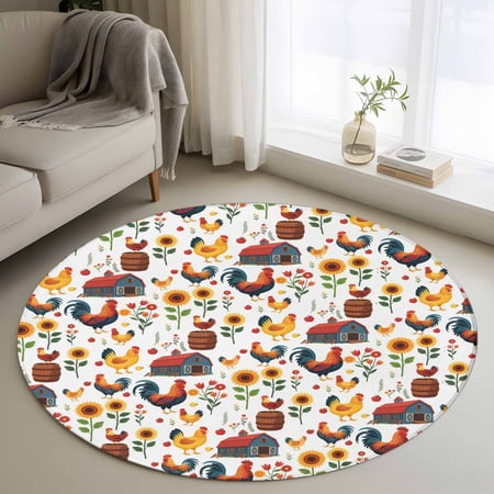 Farm Rooster 4FT Round Area Rugs Country Red Farmhouse Yellow Chicken Sunflower Flower Soft Small Round Rug Non-Slip Ultra-Thin Indoor Circle Carpet for Bedroom Entryway Kitchen Bathroom