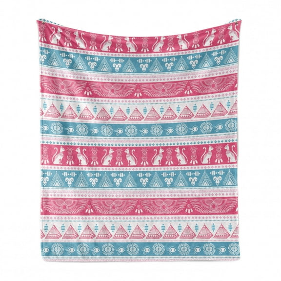 Tribal Soft Flannel Fleece Throw Blanket, Egyptian Cats Wings Pyramids Triangles Historical Pattern, Cozy Plush for Indoor and Outdoor Use, 70" x 90", Pale Blue Pink White, by Ambesonne