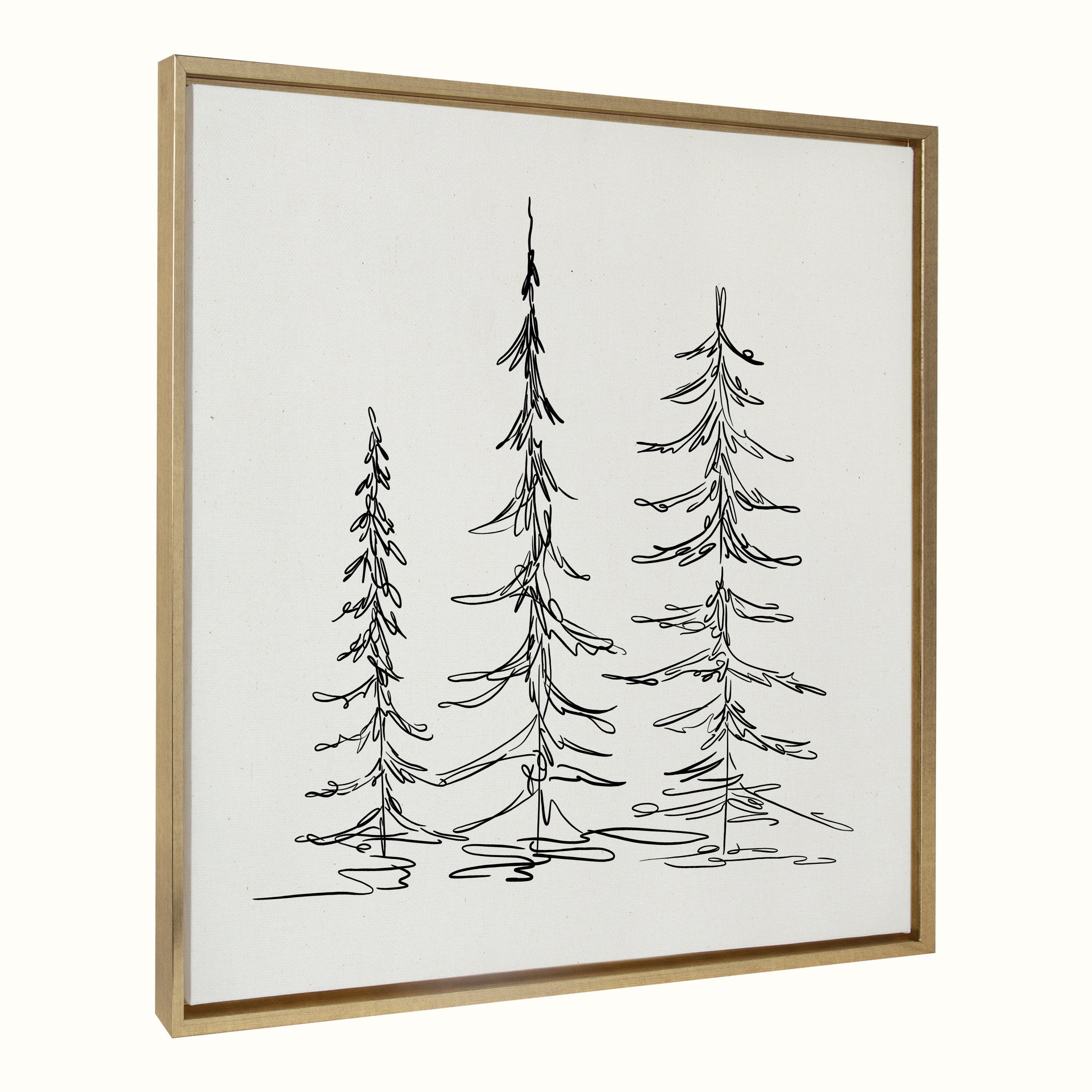 Kate and Laurel Sylvie Minimalist Evergreen Trees Sketch Framed Linen Textured Canvas Wall Art by The Creative Bunch Studio, 30x30 Gold, Chic Modern Art for Wall