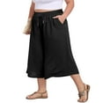 thumbnail image 4 of Womens Plus Size Wide Leg Pants Casual Solid Color Summer 3/4 Shorts Shorts Drawstring With Pockets Shorts Black, 4 of 7