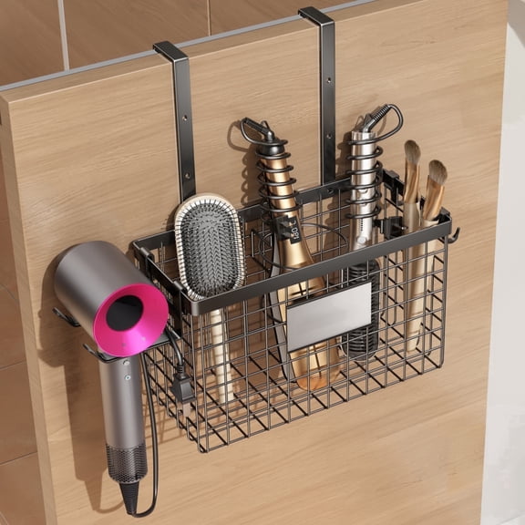 Sofinny 3-in-1 Hair Dryer Holder Hanging Cabinet Door/Adhesive Wall Mount/Countertop, Adjustable Height Hair Tool organizer Under Sink, Metal-Black