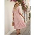 thumbnail image 2 of Womens Pink Boho Geometric Print V-Neck Tiered Midi Dress, 2 of 5