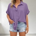 thumbnail image 4 of Tqcoqu Women's Button Down Shirts Short Sleeve Slit Hem Shirt Solid Color Tops, Side Slit Dressy Casual Blouses Loose Fit Tunic Tops,Purple Women's S-XXL, 4 of 7