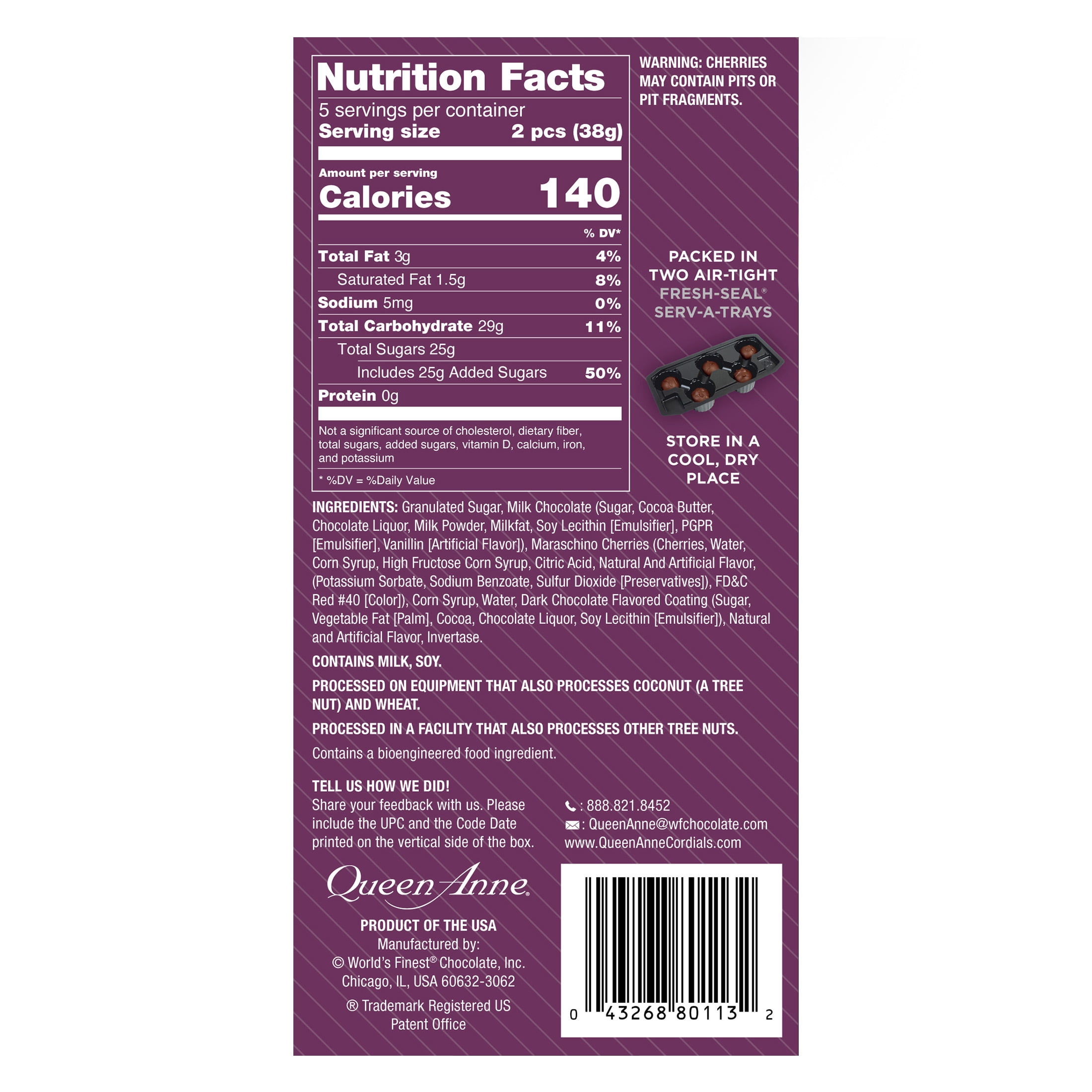 (2 pack) Queen Anne Milk Chocolate Cherry Cola Cordial Cherries, 6.6 oz Box, 10 Pieces