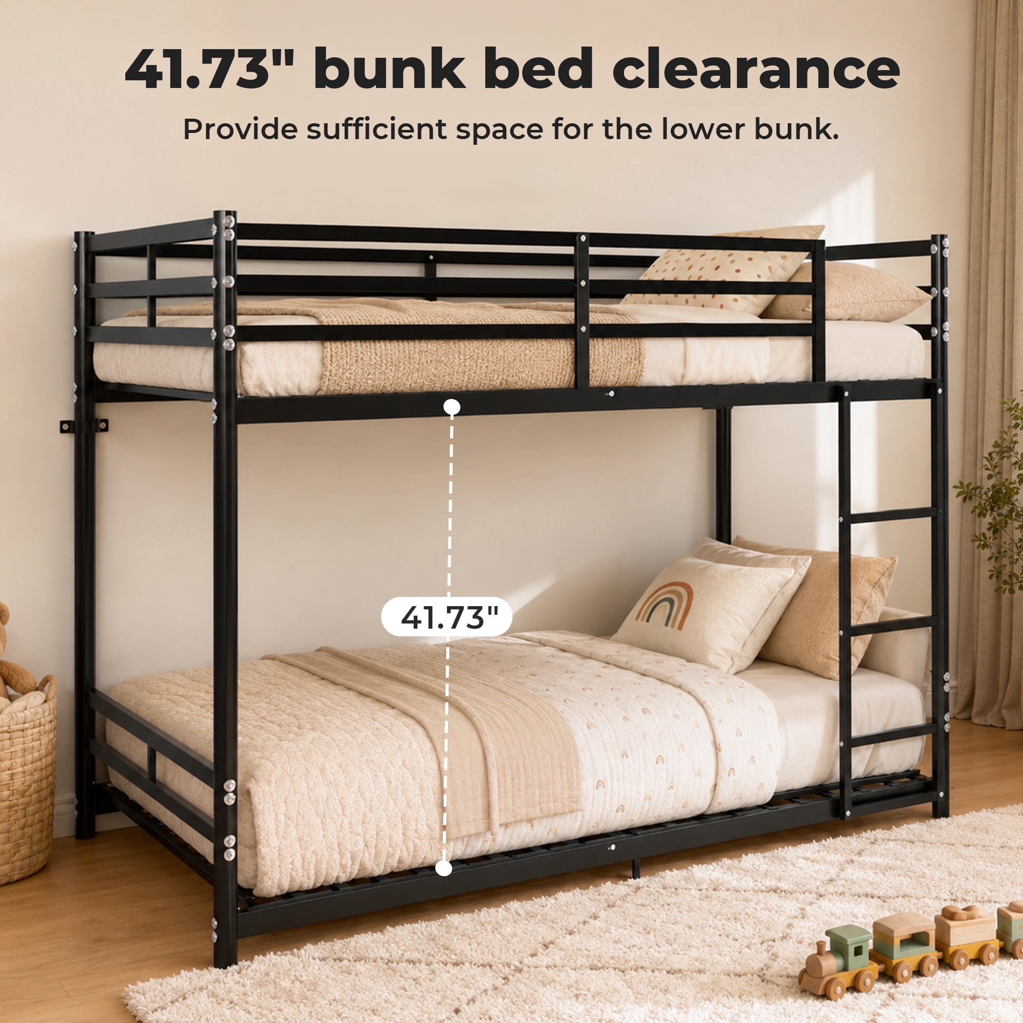 Alvantor Bunk Bed Twin over Twin, Metal Low Bunk Bed for Kids with Ladder and Anti-tip Bracket Black