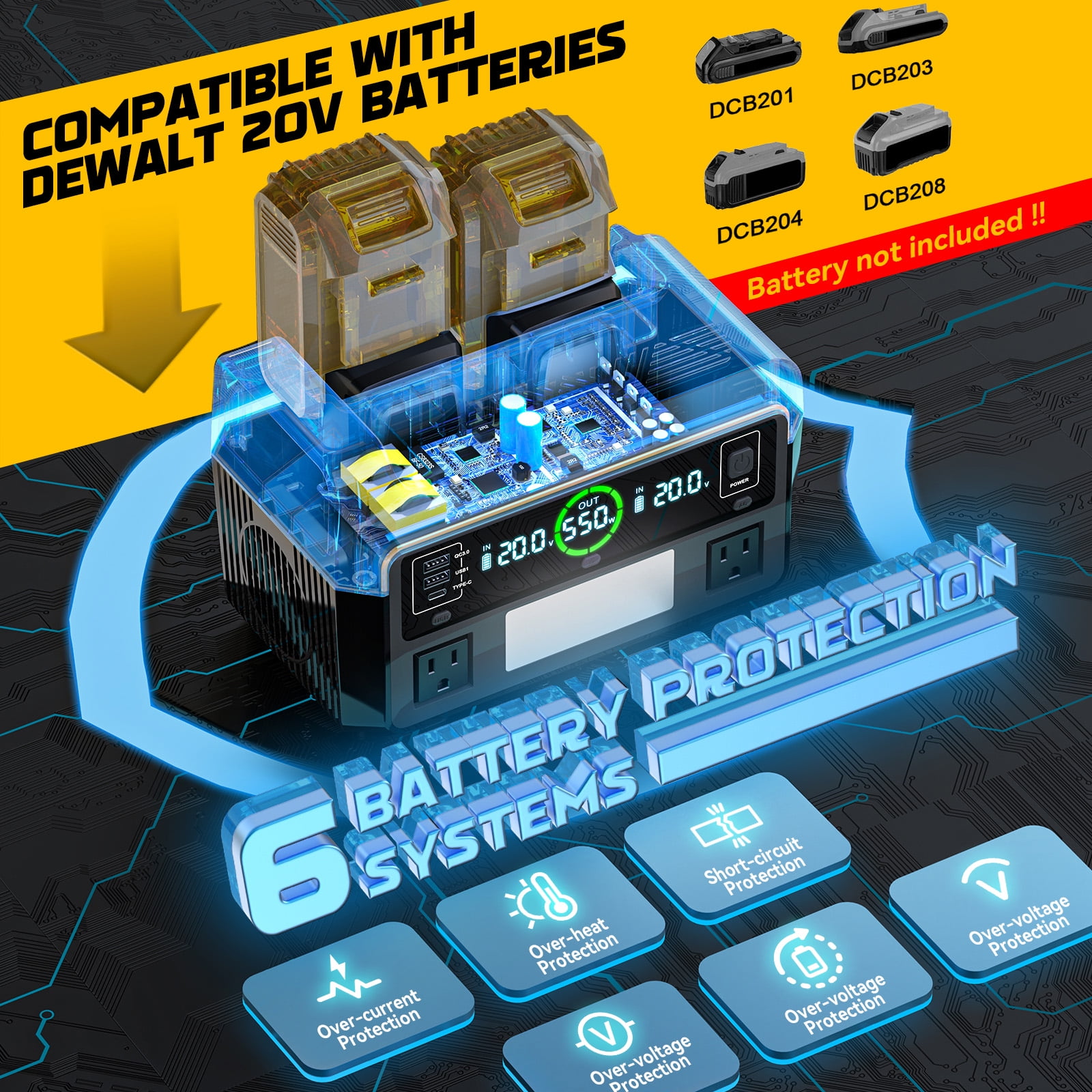 550W Portable Power Inverter Compatible with Dewalt 20V Battery, Power Station DC 20V to AC 110V Pure Sine Wave, Battery Power Adapter 2USB&Type-C, Generator Phone Charger LED Light Camping Emergency