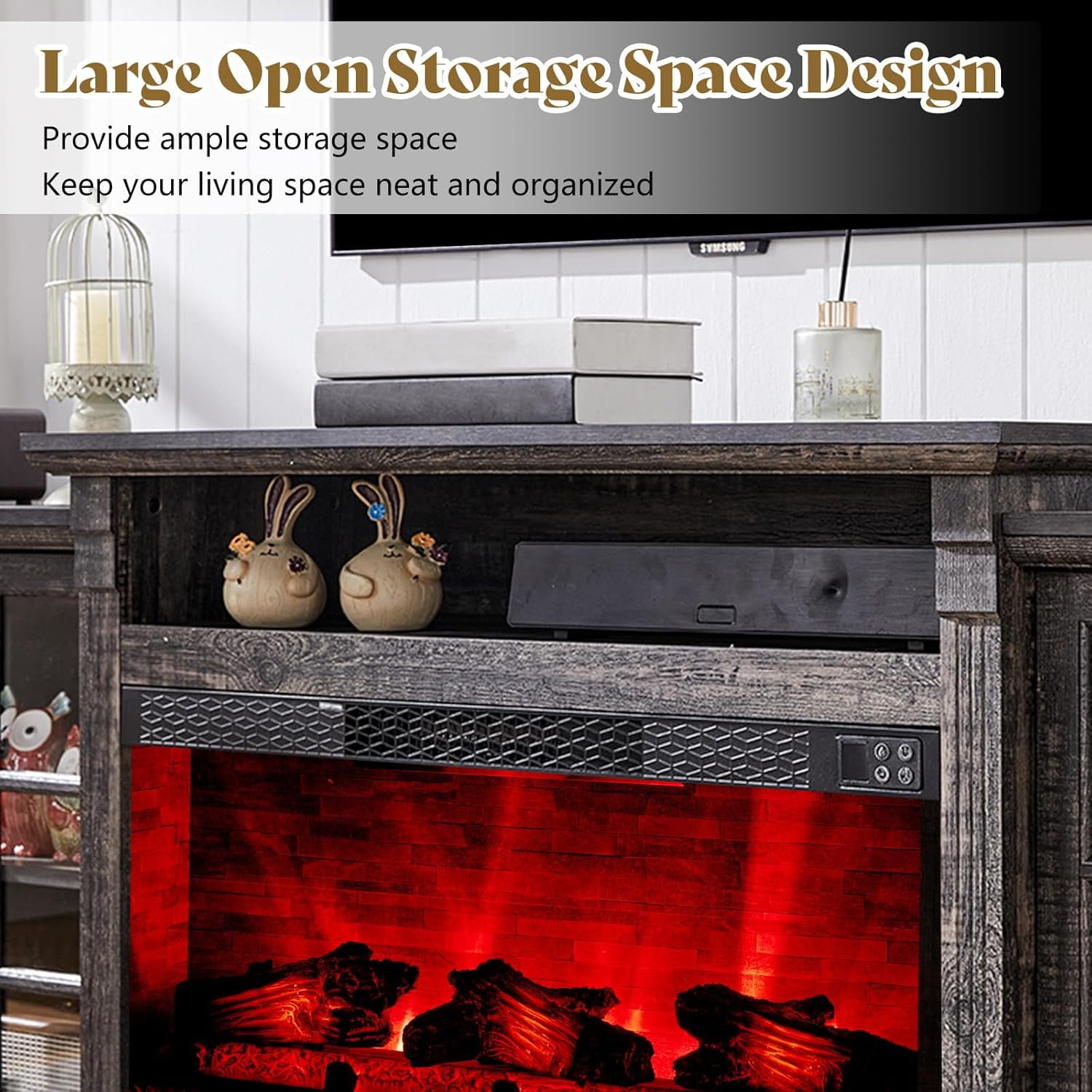 Merluxy 97" Farmhouse Fireplace TV Stand, Entertainment Center with Adjustable Shelf, Black
