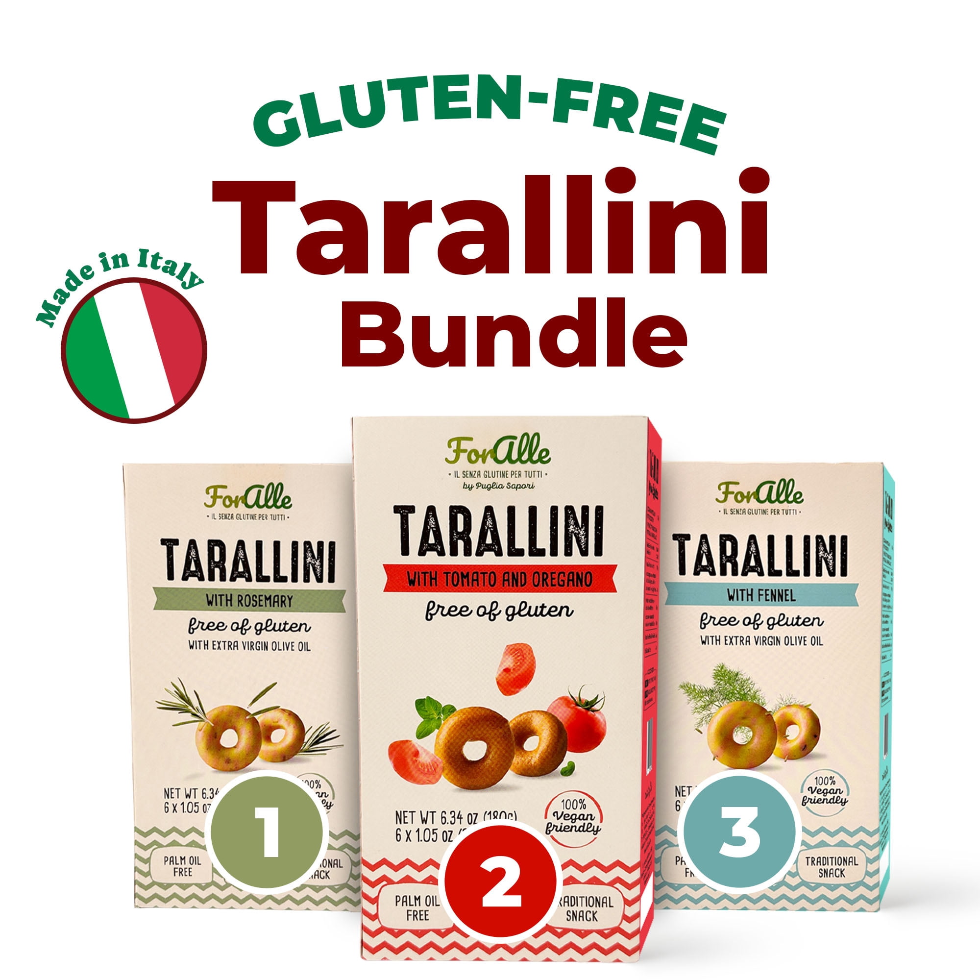 For Alle Gluten-Free Tarallini Bundle, Set of 3 – Traditional Italian Pugliese Snack with Fennel, Rosemary, Tomato and Oregano. Oven-Baked. Vegan. Cholesterol-Free.