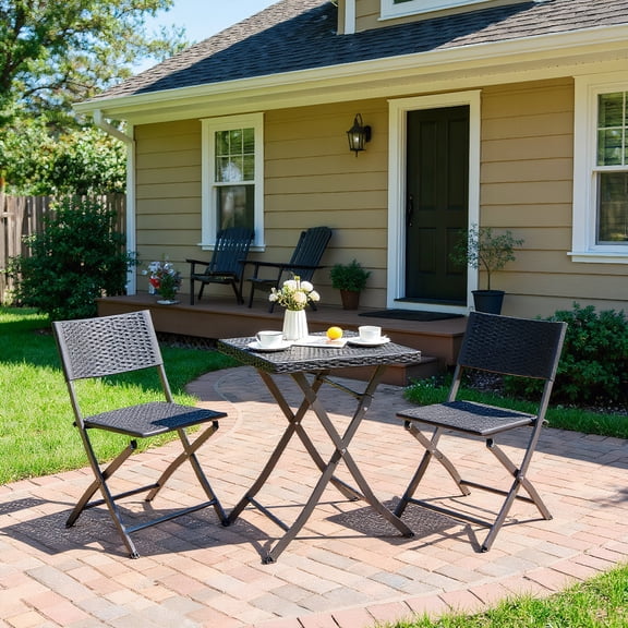 GVN Patio Bistro Set,Outdoor Furniture Set,3 Pieces Patio Bistro Set with Folding Wicker Chairs and Table-Black