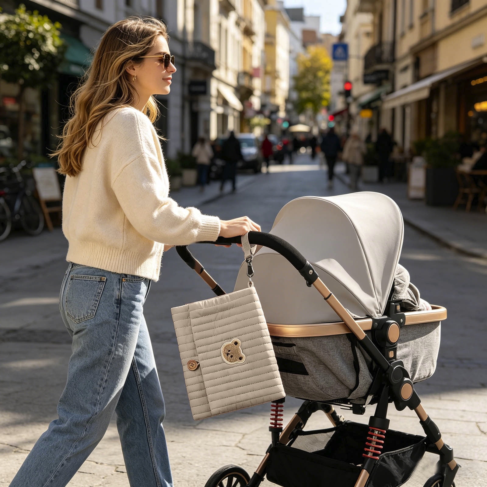 Bear Embroidery Baby Organizer Bag 10.6 Inch Multifunction Diaper Clutch with Wipes Pocket Portable Stroller Attachment Storage Pouch for Travel Brown