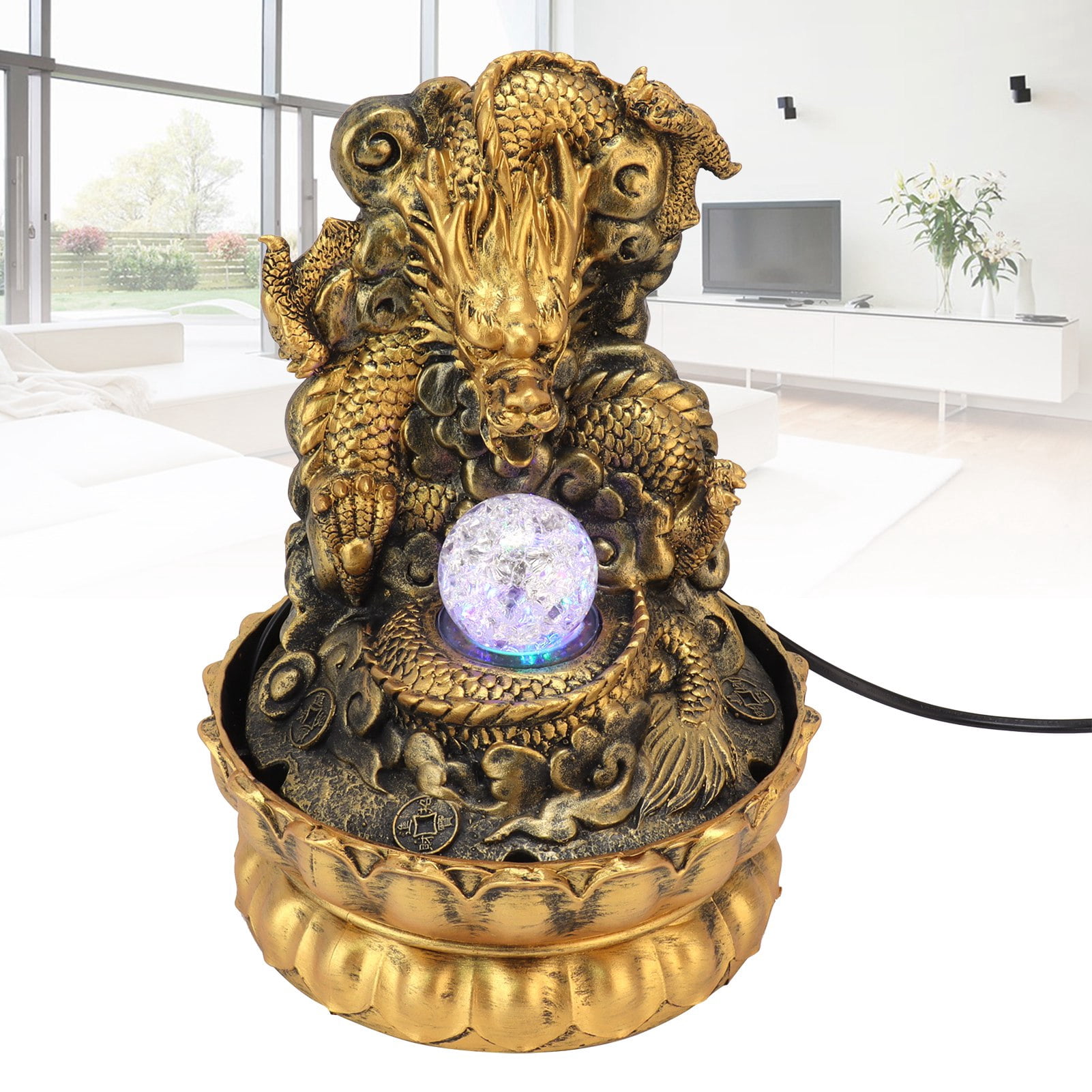 Nieyigj Resin Dragon Statue LED Desktop Water Fountain Home Office Decor, 11.02 inches / 28 cm (EU Plug 220V)