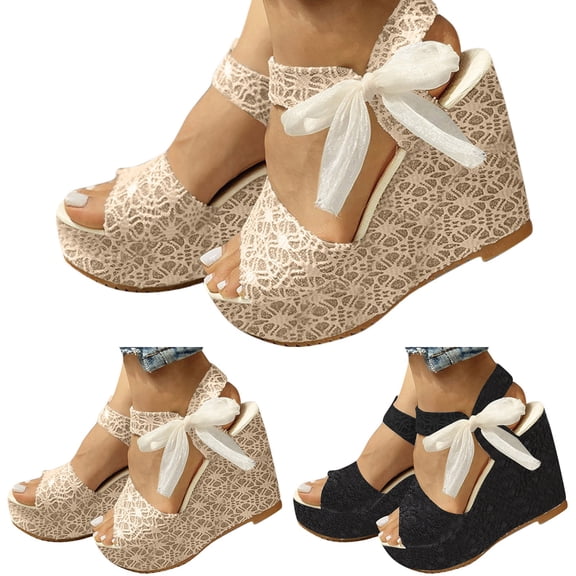 Modstep Womens Open Toe Espadrilles Wedges Cute Bow Platform Dressy Slide Sandals High Heel Ankle Strap Slip on Walking Shoes Beige 6.5-7