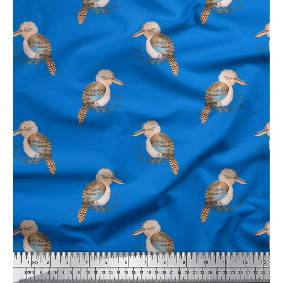 Soimoi Blue Cotton Cambric Fabric Watercolor Crowned Woodpecker Bird Print Fabric by the Yard 58 Inch Wide