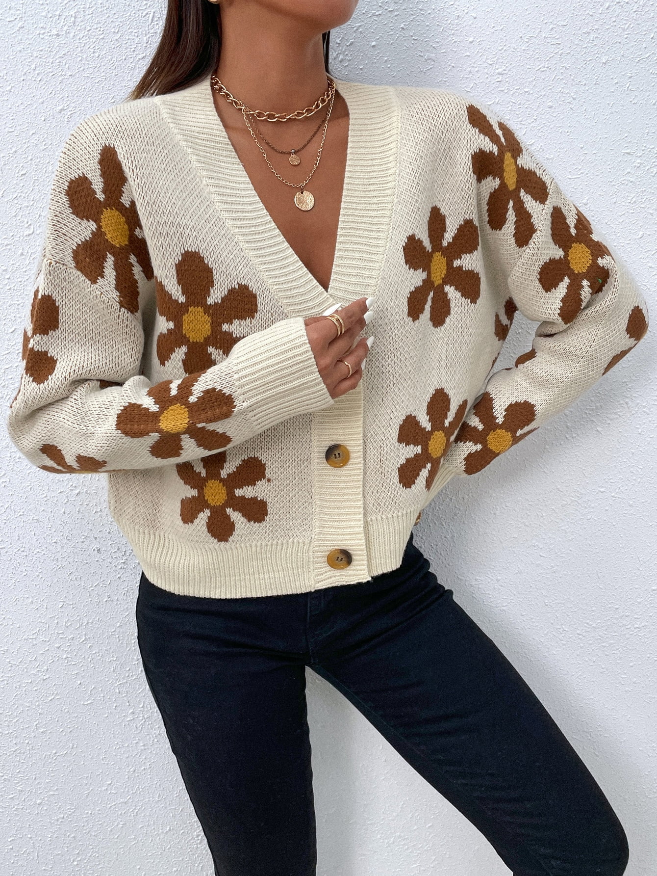 floral drop shoulder cardigan