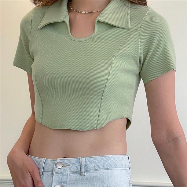 VISgogo, camisetas cortas salvajes a la moda para mujer, camisetas de manga corta con cuello vuelto de Color sólido, camisetas informales de verano con ombligo descubierto VISgogo moda