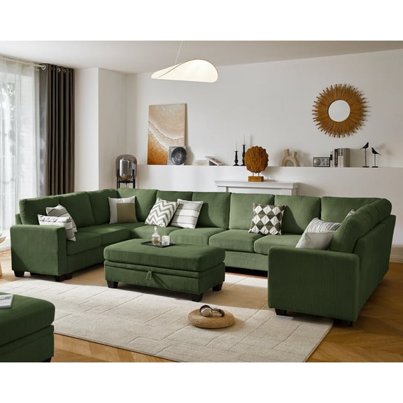 CHIC HOUSE 154.5" Sectional Sofa with Storage Ottoman Chaise, Corduroy U Shaped Sofa Convertible Sectional Couches for Living Room, 12 Seater Corner Modular Sofa with Deep Seat Throw Pillows, Green