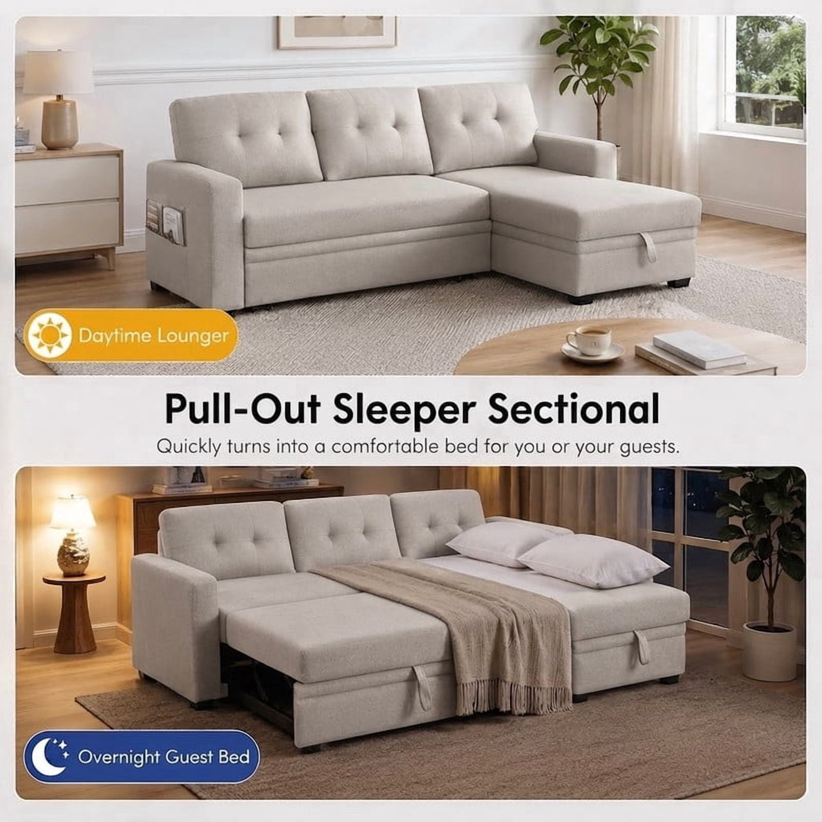 82" L-Shaped Convertible Sleeper Sectional Sofa with Pull-Out Bed, Storage Chaise, Removable Back Cushions, Modular Corner Couch for Living Room, Apartment, Home Office