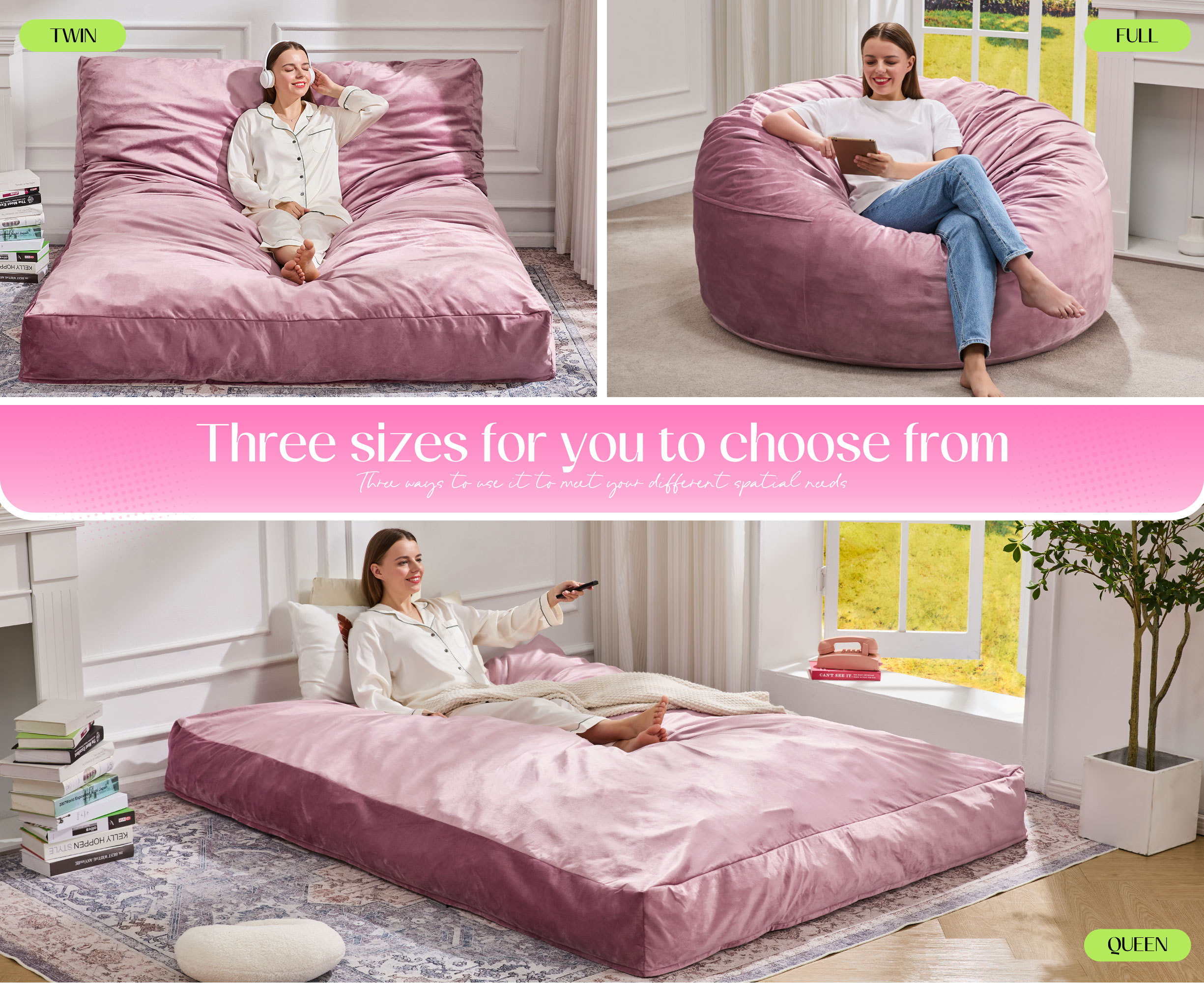 Hobestluk Bean Bag Chair 3 in 1 Beanbag Chairs for Adults, Large Bean Bags with Removable Velvet Cover, Convertible Adult Bean Bag Chair for Living Room, Bedroom, Playroom (Pink, Queen)