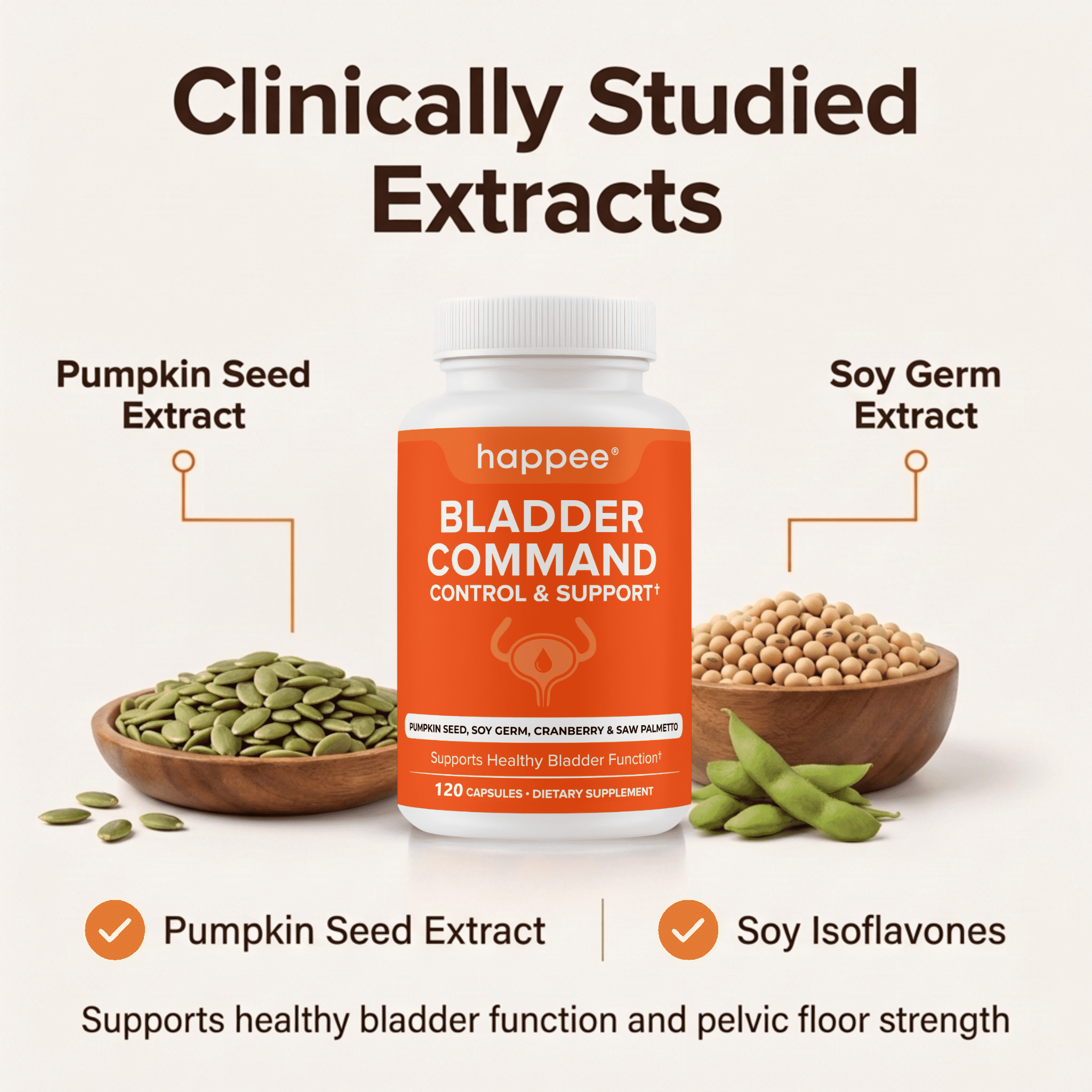 Happee Bladder Control Pills 120 Count - Bladder Control Supplement for Women & Men with Pumpkin Seed Extract, Cranberry & Herbal Blend