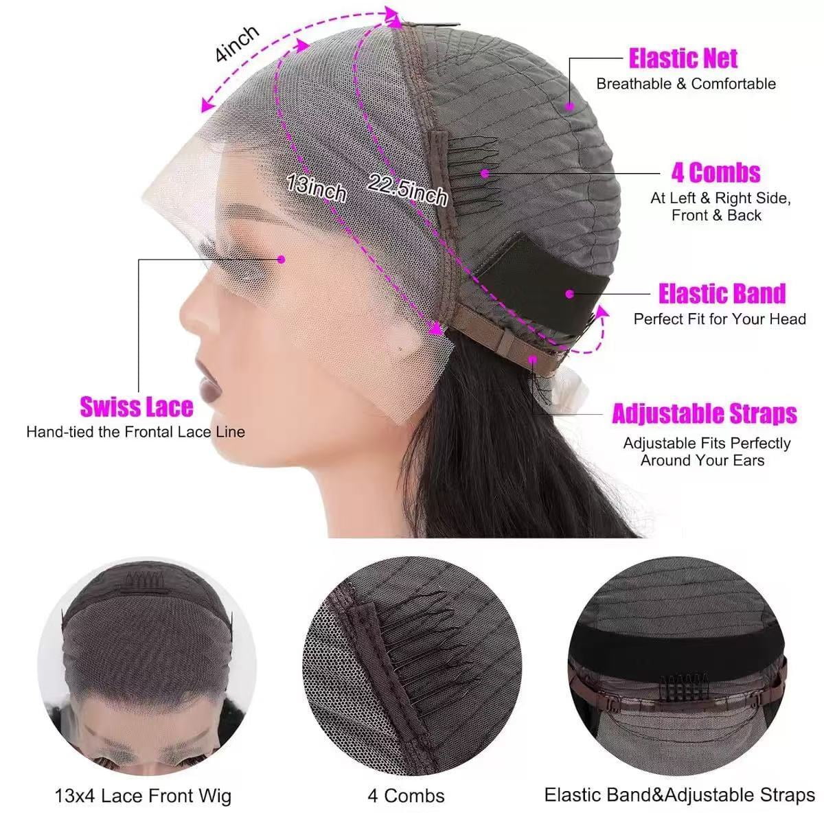 13x4 Full Frontal Lace Glueless STRAIGHT 200% High-Density Pre-Plucked Human Hair Wigs Long Hair from 18inch to 30inch with Natural Color