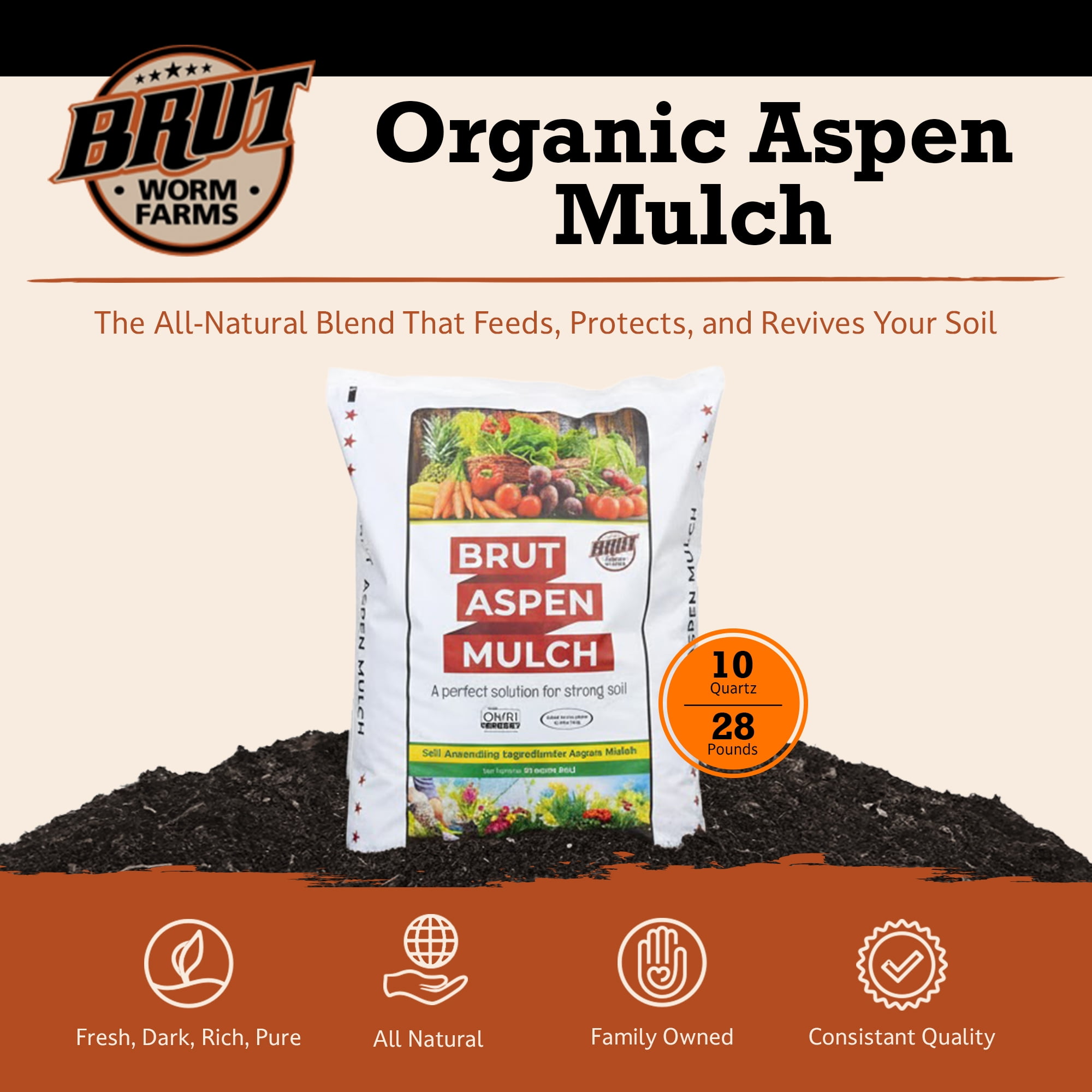 Brut Worm Farms Organic Aspen Mulch, High Water Retention for Gardens, 28 lbs.