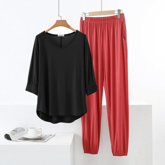 Dolkfu V Neck Pjs Set Women Lightweight 3/4 Sleeve Solid Pajama Sets Women's Comfy Nightwear L