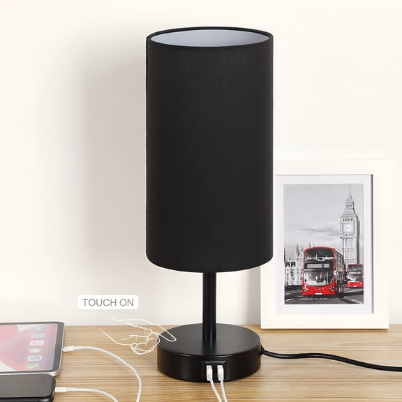 HIBIBUD Touch Control Table Lamp for Bedroom 3 Way Dimmable Bedside Lamp with Usb Port,Round Black Fabric Shade,Bedroom Lamps for Nightstand (Led Bulb Included)