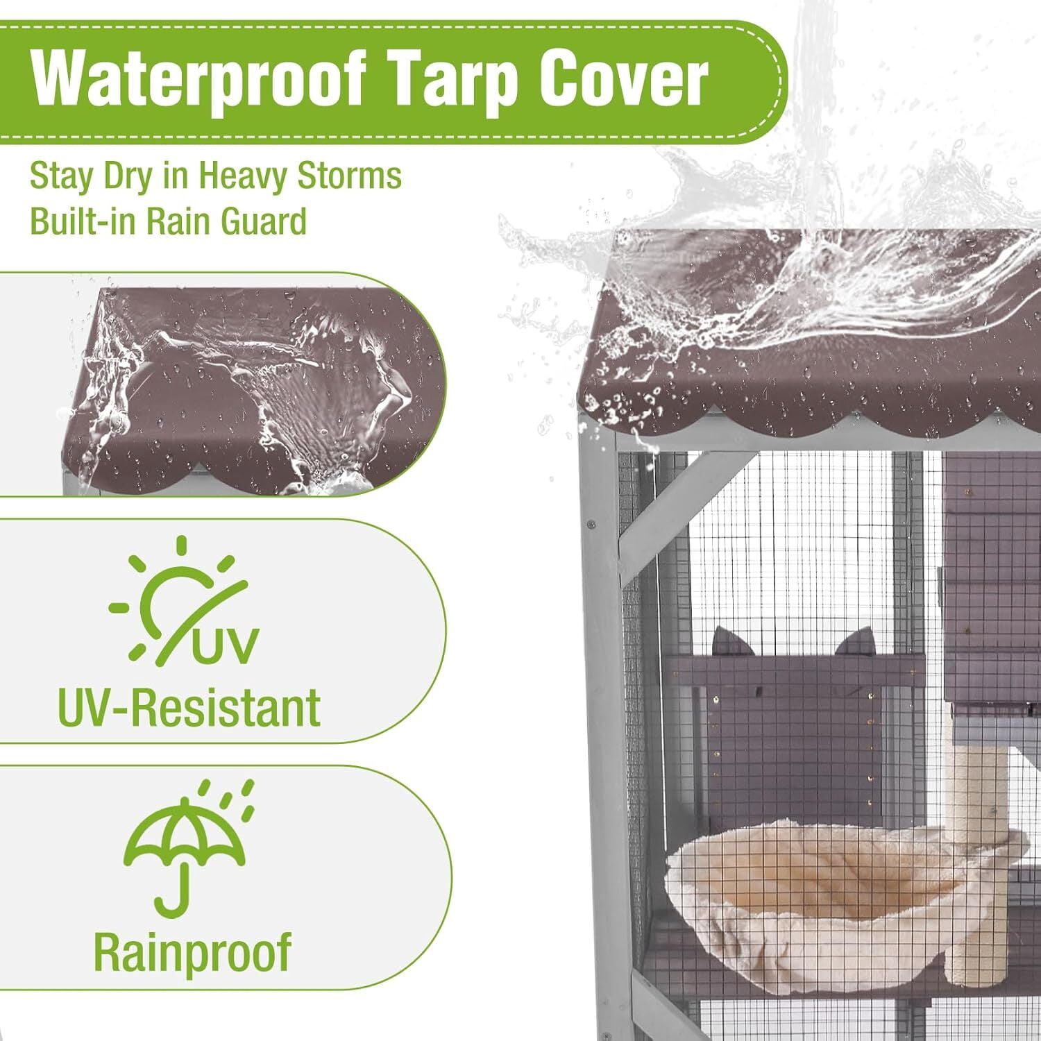 MEDEHOO Catio Outdoor Cat Enclosure - 62.5" Large Walk in Cat Cage on Wheels, Multi-Level Kitty House with Cat Scratching Post, PVC Layer, and Waterproof Roof Gray