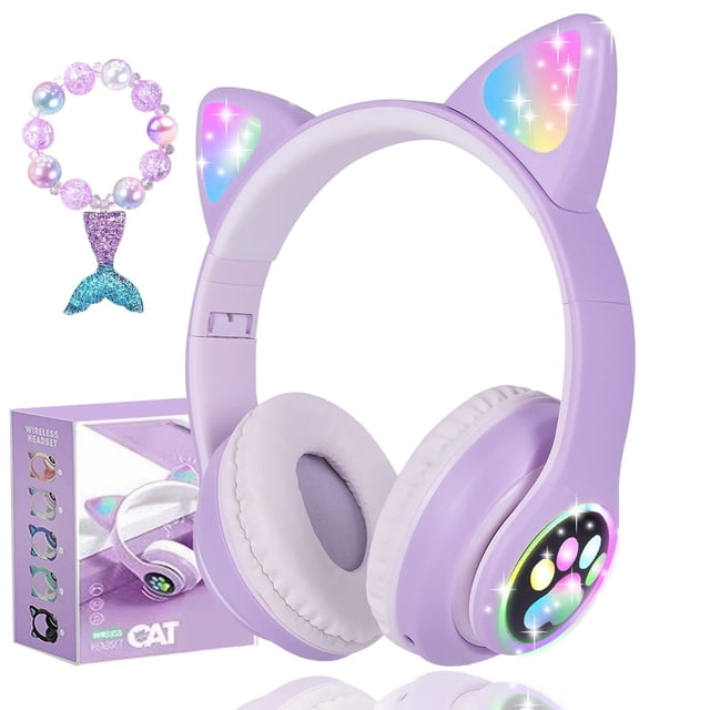 Auriculares Inalámbricos con Orejas de Gato para Niños, LED Brillante