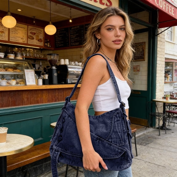 Konghyp Denim Handbag Women Vintage Washed Jean Purse, Convertible Crossbody Shoulder Bag, Casual Tote for Work Travel Daily Use, Stylish Durable Design, Versatile Fashion Accessory