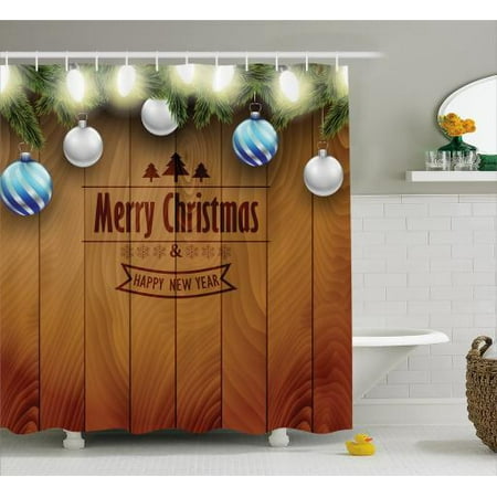 Christmas Shower Curtain, Wooden Setting with Silver Balls Fairy Tale Setting and Pine Tree Twigs Wishes Theme, Fabric Bathroom Set with Hooks, Brown, by (Best Product For Shower Walls)